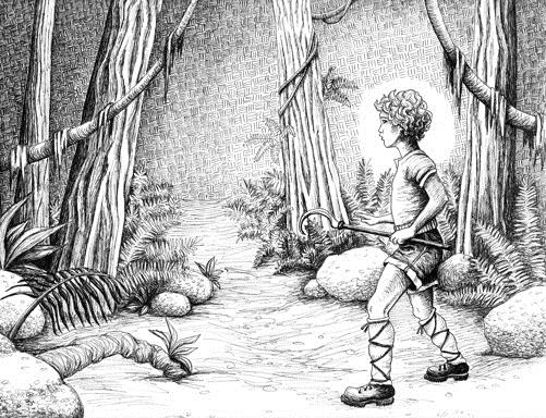 Boy with hook in the woods